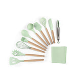 Load image into Gallery viewer, 12 piece set of Nordic kitchen utensils non-stick cookware cooking spatula spoon set light green wooden handle silicone kitchen