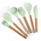 Load image into Gallery viewer, 12 piece set of Nordic kitchen utensils non-stick cookware cooking spatula spoon set light green wooden handle silicone kitchen